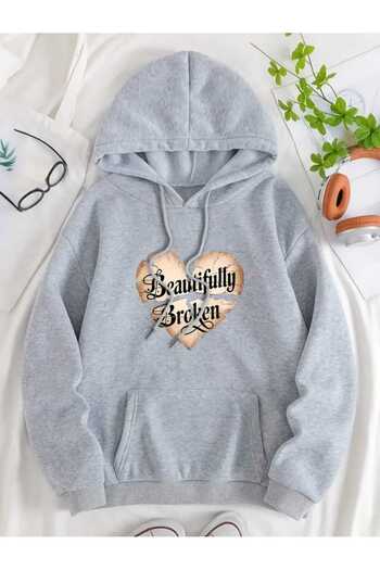 caddekombin Beautifully Broken Printed Hooded Pocket Wool Inside Gray Sweatshirt