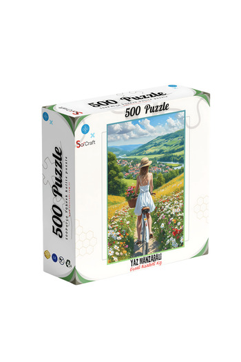 Soi Craft 500 Parça Puzzle Yaz Manzaralı Dağ Köyü Çiçekli Bisikletli Kız Temalı
