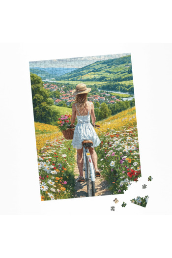 Soi Craft 500 Parça Puzzle Yaz Manzaralı Dağ Köyü Çiçekli Bisikletli Kız Temalı