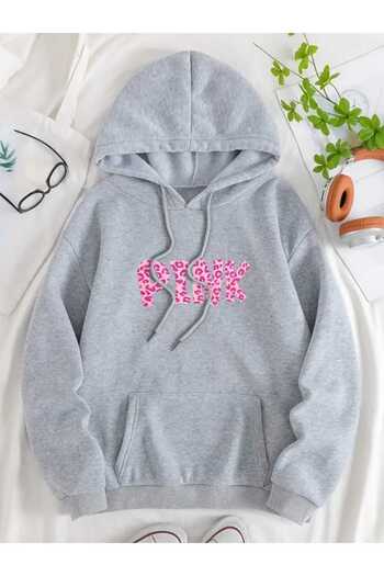 caddekombin Pink Pattern Printed Hooded Pocket Cotton Gray Sweatshirt