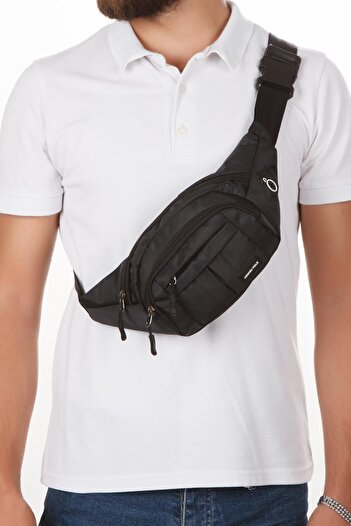 Newish Men's Black White Fabric Crossbody Crossbody Chest Shoulder and Waist Bag with USB Headphone Output