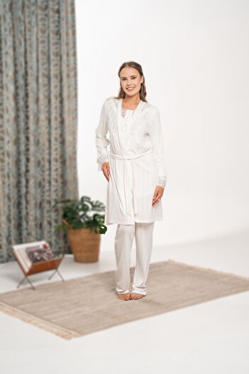 Pelin Women's Ecru Lace Detailed Jacquard Striped Maternity Maternity 3-Piece Pajama Set