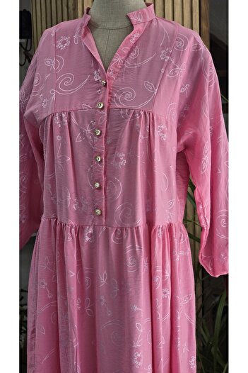 NANTİREA Pink Patterned Hijab Long Dress
