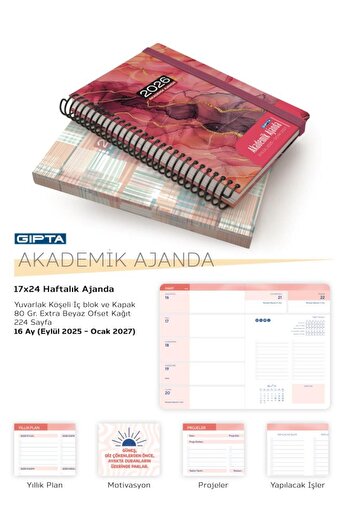 Gıpta 2025 Eylül-2026 Aralık SPİRALLİ Akademik Ajanda 17X24 Cm Model-6