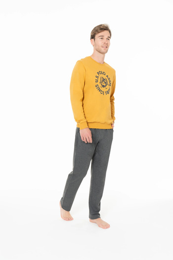 U.S. Polo Assn. Men's Pajamas Set, Cotton, Crew Neck, Long Sleeve, Pocket, Sleeve Elastic, 1890 Printed, Mustard
