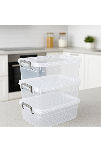 Kitchen Line Set of 3 Transparent Plastic Storage Boxes – Locking Lid, Food and Item Organizing Box 10 Liter