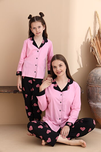 ELİTOL Pembe Kalp Desen Pamuklu Örme Uzun Kol Çocuk Düğmeli Pijama Takımı