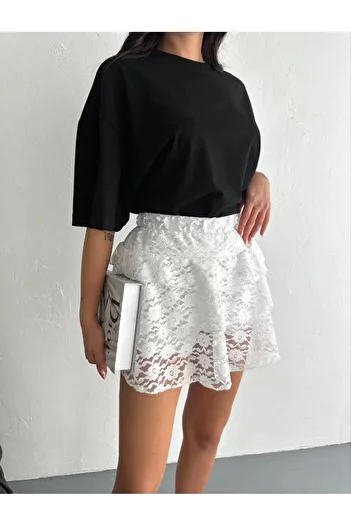 SEVENLINE Women's High Waist Elastic Waist Lace Embroidered Flared Bell Model Shorts Pleated Pleated Mini Shorts Skirt
