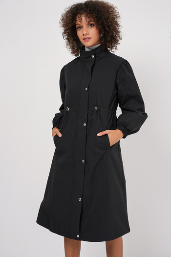 Merterium Women's Lined Long Trench Coat Black 1199