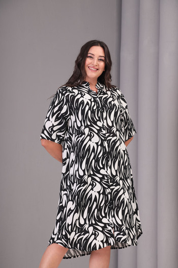 Şans Women's Plus Size Black-White, Front Length Button Woven Fabric Midi Length Dress 65N39084