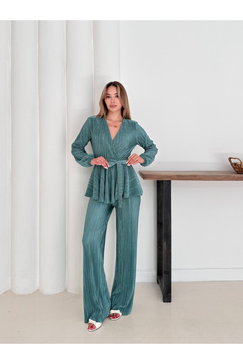 verabelle Pleated Satin Padded Stylish Double Breasted Suit