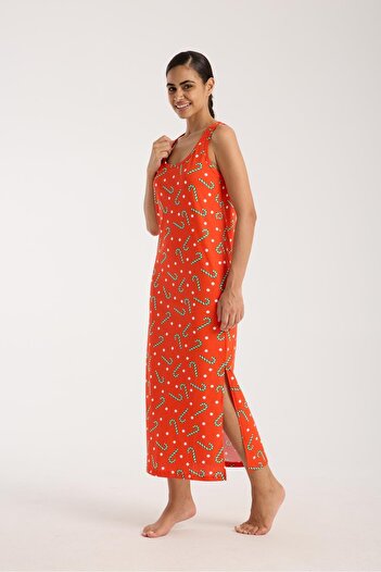 Akbeniz Women's Thick Strap Slit Long Orange Nightdress
