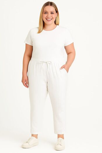 enmodaiçgiyim Ecru Large Size 100% Cotton Muslin Fabric Women's Trousers – Narrow Leg, Pockets, Comfortable Fit