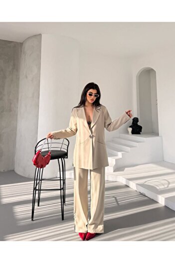 369 etnik butik One Button Detailed Oversize Jacket & Wide Leg Pants Set (3 Colors)