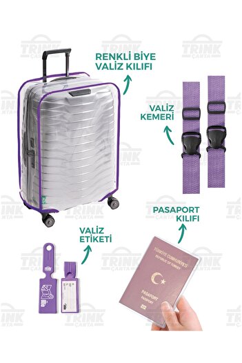 Trink Çanta Transparent Suitcase Cover Set (Suitcase Cover-Suitcase Belt-Suitcase Tag-Passport Cover) Colorful Piping