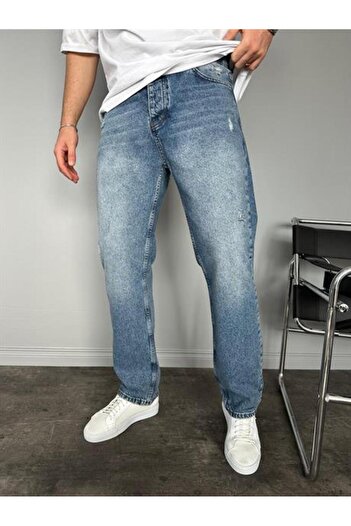 KağanKY Koyu Lacivert Yıkamalı Yırtıklı Mavi Baggy Jean