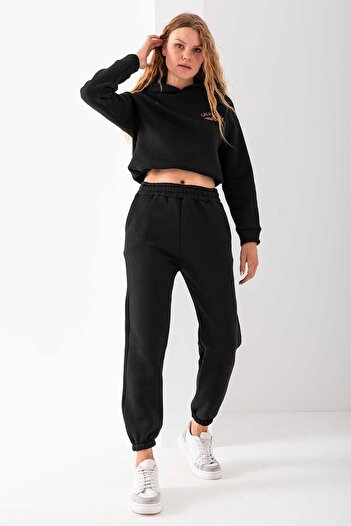 GİYSA Women's Hooded California Embroidered Stopper Detailed Tracksuit Set Black - 2606