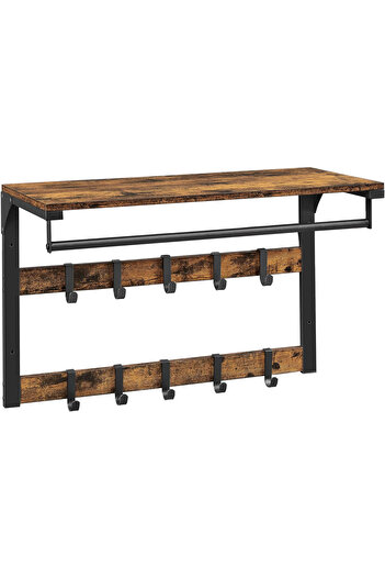 VASAGLE Wall-mounted coat rack, 10 removable hooks, clothes rail, 30x65x42cm, rustic brown and black
