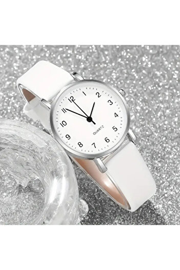 Stor 1 adet Elegant Beyaz Dijital Yuvarlak Kuvars Saat + 4 adet Elegant Boncuklu Bileklik, Kolye, Küpeler
