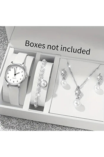 Stor 1 adet Elegant Beyaz Dijital Yuvarlak Kuvars Saat + 4 adet Elegant Boncuklu Bileklik, Kolye, Küpeler