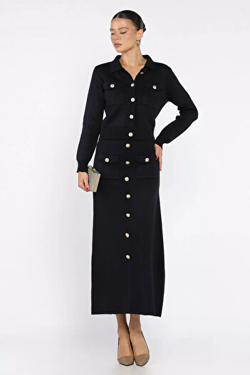 julude Navy Blue Button Detailed Cardigan Skirt Knitwear Double Set