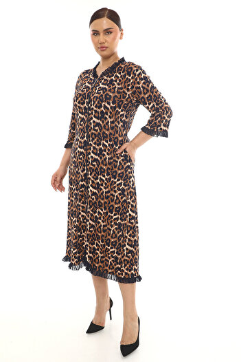 KARAMEŞE Women's Full Zipper Leopard Printed Viscosse Dress