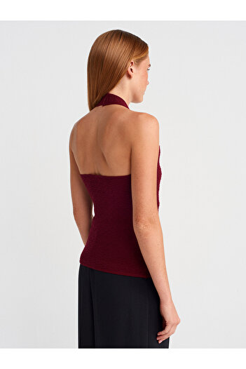 Dilvin 10799 Bluză de tricotaj texturată cu decolteu în V Halter-Burgundy