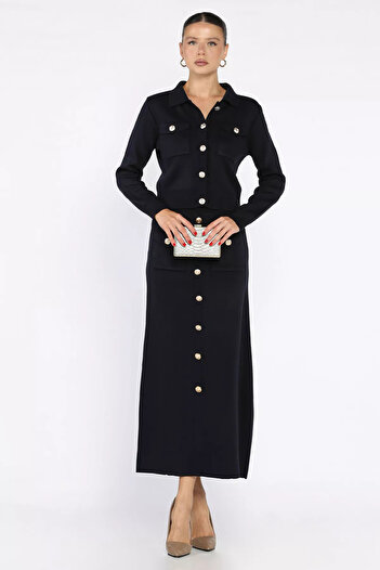 julude Navy Blue Button Detailed Cardigan Skirt Knitwear Double Set
