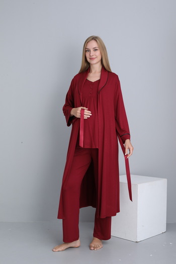 Miss Dünya Lissa Breastfeeding Suitable Collar Detailed Long Morning Gown Maternity and Postpartum Pajama Set