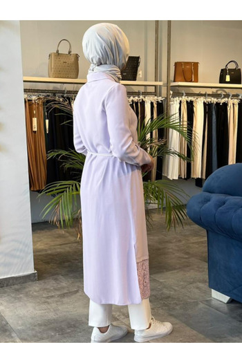 Zühre Shirt Collar Lace Detail Long Lavender Tunic T-1451