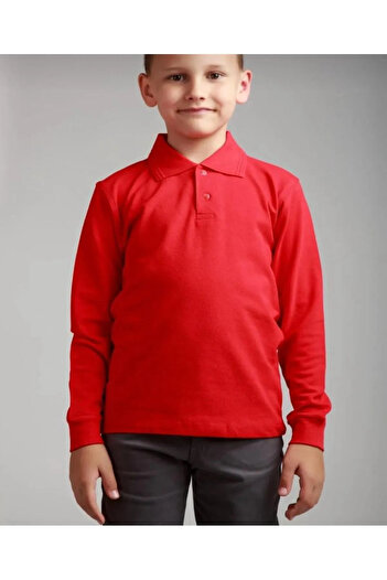 Zeta Group 100% Cotton Polo Collar Casual Double Button Red T-Shirt Long Sleeve - Red - Ilc2.Akk-Pmo-Ouz-Yt-Ki