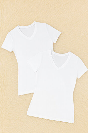 QKK Γυναικείο Modal Cotton Lycra μισό μανίκι V λαιμόκοψη 2 τεμαχίων μπλουζάκι Q6K6K1T6KA