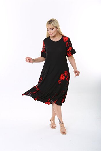 mami butik Plus Size Knee-Length Sleeve And Skirt Ruffle detailed short sleeve Stylish Pocket Viscose Combed Cotton Dress