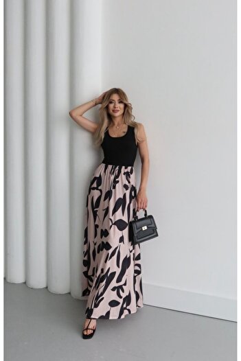 buğrahayalin Women's Strappy Round Neck Top Viscose Bottom Patterned Long Single Jersey Dress