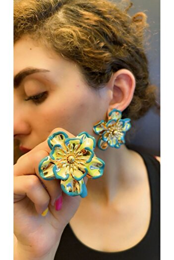Gönülden Tasarım Steel Color Flower Women's Earrings Turquoise