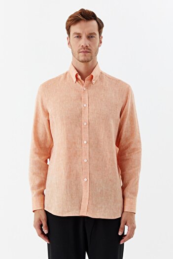 Sabri Özel Long Sleeve Linen Men's Shirt Orange
