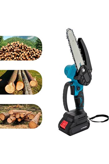 divendi-ro Cordless electric mini chainsaw, 4-inch blade, 2 x 48V batteries, case and accessories, black-blue