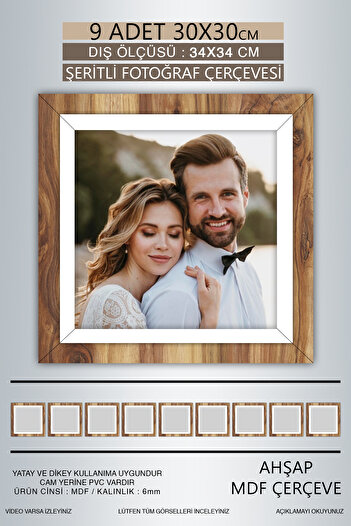 bymat 9 Pieces 30X30 Frame - Wooden White Striped Photo Frame - Mdf Frame - Square Frame