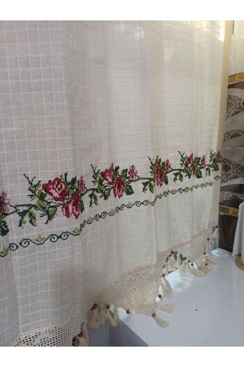 PAZARSEN Buldan Curtain Red Cross Stitched Hand Lace Linen Sunshade Basement Curtain