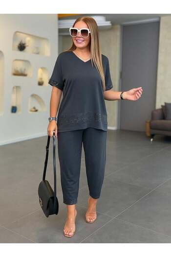 Aymood Women's Short Sleeve V-Neck Sequined Viscose Two Thread Blouse and Pants Set