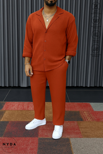 Nyda Collections Men's Crinkle Suit Buttoned Shirt and Lace-Up Trousers Summer Suit Double Pocket Crinkle Fabric