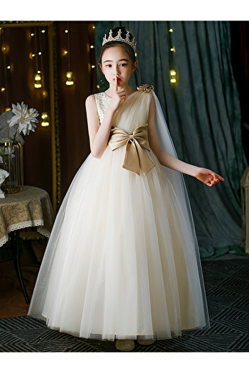 Styli Cream Embellished Bow Detail Mesh Party Dress