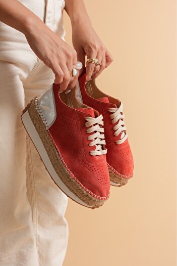 MOLY ESPADRİLLE Mercan süet & gümüş Detaylı Hakiki Deri Sneaker Espadril