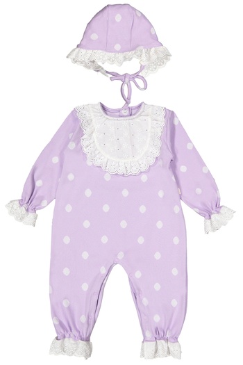 Divonette Baby Girl Hat, Polka Dot Patterned Romper, Lace Apron Detailed Ribbed Lilac Romper