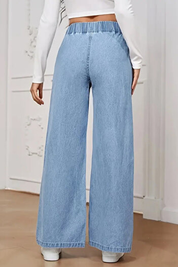 CEDY DENIM - Women's Summer Thin Fabric Pocketless Waist Elastic Palazzo Pants C630-Iceblue