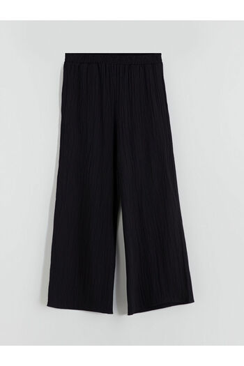 LC Waikiki Black Elastic Waist Textured Wide Leg Women's Trousers