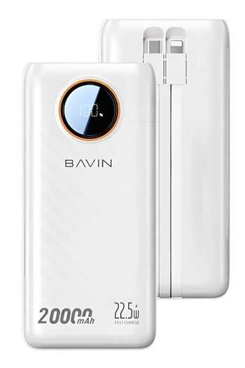 Bavin 20000mAh 22.5W Power Bank with PD Port, USB Ports, 2 Built-in Cables, and White Display