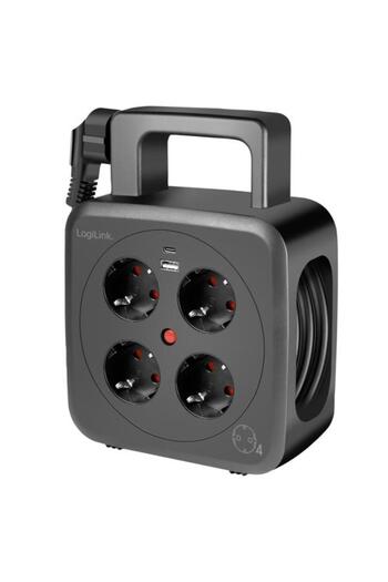 LogiLink Extension Reel LPS 504, 4 sockets, 1x USB-C PD 3.0, 1x USB-A QC 3.0, overload protection, I