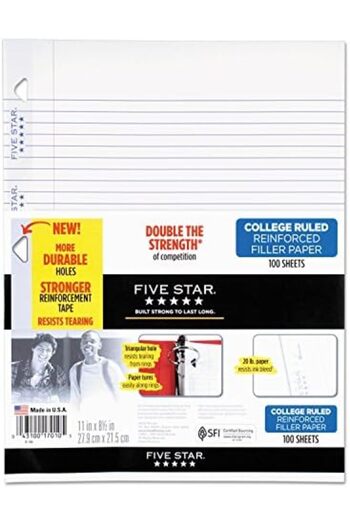 Mead Five Star Reinforced Filler Paper, College Ruled, 8.5 x 11 inches, 100 Sheets