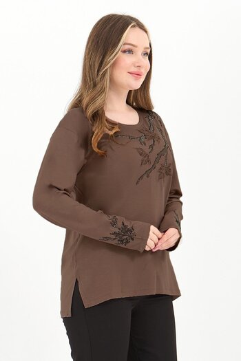 Ravencia Women's Middle Age and Above Viscose Colorful Leaf Patterned Stone Embroidered Lycra Brown Mother Combed Cotton Bl